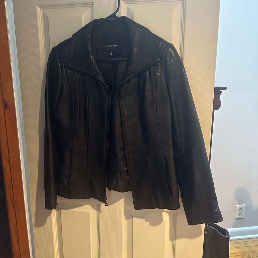 Jones New York Black Paneled Leather Zip Jacket